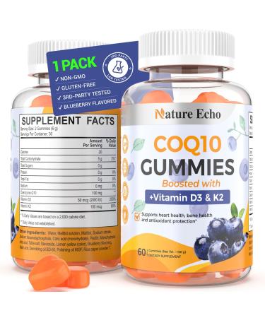Nature Echo CoQ10 Supplement 100mg CoQ10 Gummies with Vitamin D3 & K2 Coenzyme Q10 Supplement Blueberry Flavor Sugar Free Heart Health Bone Support & Antioxidant Vegan Non-GMO 60 Gummies