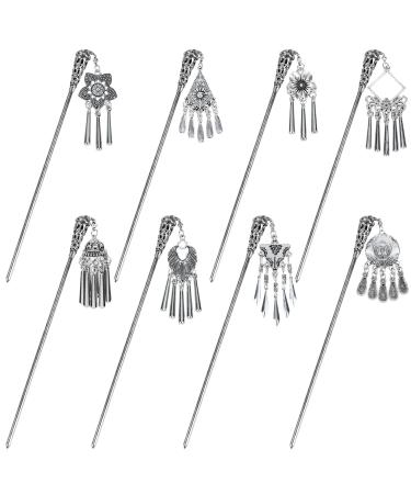 inSowni 8 Pieces Silver Metal Retro Ancient Asian Chinese Traditional Hanfu Hair Sticks with Flower Pendants Bohemian Long Hair Forks Bun Updo Holders Hairpins for Women Girls