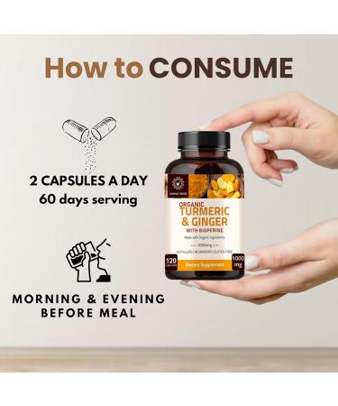 Turmeric Ginger with Black Pepper & Ginger 1000 mg 120 Capsules | Turmeric and Ginger Supplement with 95% Curcuminoids | Extra Strength Supplement| Joint Support Supplement | Non-GMO - 120 Capsules - Buy Online on GoSupps.com
