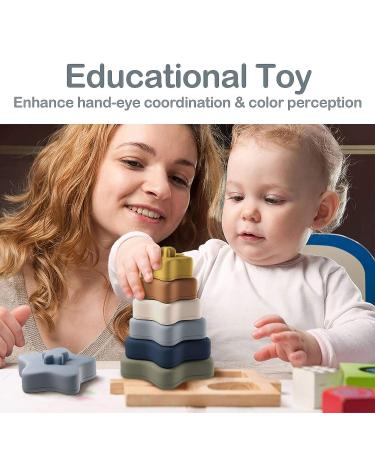 Baby Silicone Stacking Rings Set - Teething Toys for Boys & Girls 6+ Months - Educational Building Blocks Tower - Set of 6 Star Shape - Yellow & Green - Buy Online on GoSupps.com