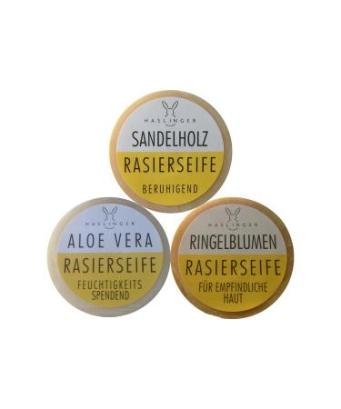 Set of 3 Haslinger shaving soap sandalwood marigold aloe vera & razor blades checklist