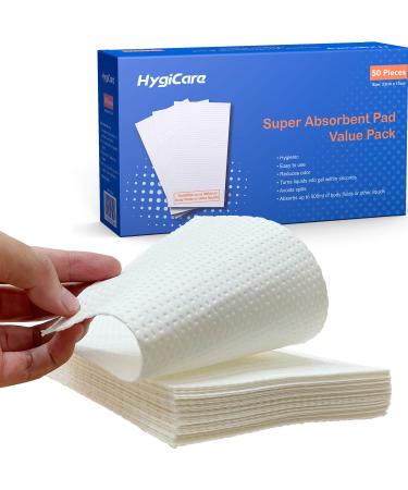 HygiCare Super Absorbent Pads -50 Count -Medical Grade fits All Portable Toilet Bags, Bedside Commode Chairs, Bedpan Liners, Camping, Turning Body Fluids into Gel, Greatly Reduce Odor