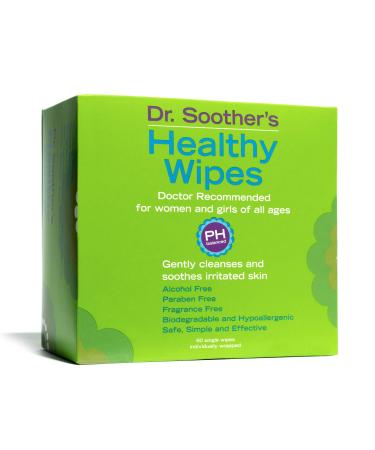Dr. Soother's Healthy Wipes - PH Balanced Feminine Hygiene Wipes - Unscented - Hypoallergenic - Alcohol & Fragrance Free - 60 Individually Wrapped Cleansing Wipes for Women & Girls 60 Count (Pack of 1)