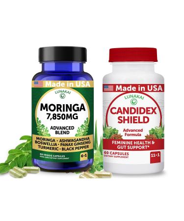 Lunakai USA Made Moringa & Candidex Shield Capsules Bundle 6-in-1 & 11-in-1 Daily Blend 60 Non-GMO Capsules Each
