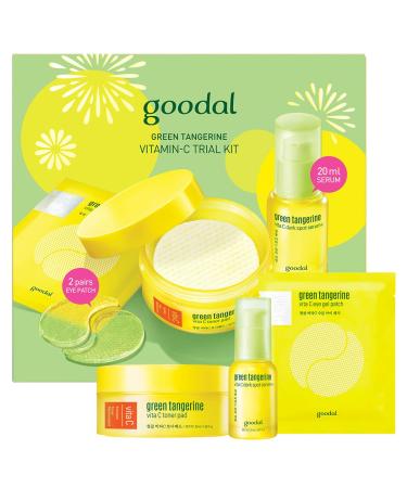 Goodal Green Tangerine Vitamin C Skincare Set for Sensitive Skin | Complete 3-Step Kit with Dark Spot Facial Serum, Exfoliating Toner Pads, Moisturizing Eye Patches | Hydrating