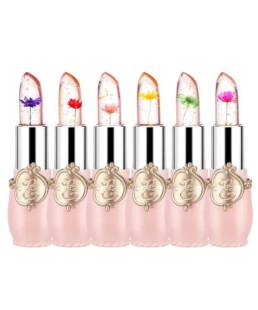 Pack of 6 Crystal Flower Jelly Lipstick, FirstFly Long Lasting Nutritious Lip Balm Lips Moisturizer Magic Temperature Color Change Lip Gloss (Pink)