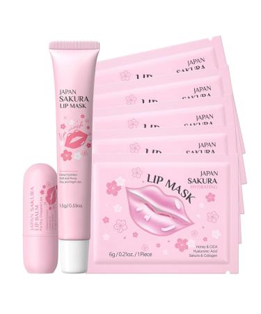Cherry Blossom Lip Care Kit Lip Balm Sheet Mask & Tube Mask Set for Women & Girls Intensely Hydrating Moisturizing Repairing Dry Chapped Dark Lips & Reducing Lip Lines Day/Night Lip Treatment