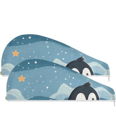 Cute Penguin Stars Hair Towel 2 Pack | Super Absorbent Quick Dry Hair Turbans for Women & Girls - Buy Online on GoSupps.com