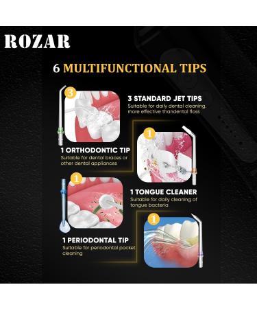 ROZAR Cordless Water Dental Flosser - 5 Modes 300ML Waterproof Oral Irrigator with 5 Jet Tips for Home & Travel - Optimal Teeth Cleaning - Buy Online on GoSupps.com