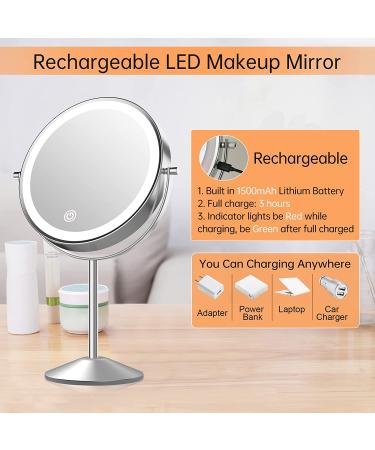 Rechargeable Lighted Makeup Mirror with 10X Magnification | Double-Sided 8 Inch Vanity Mirror with 3 Light Settings and Touch Control | Desktop Cosmetic Mirror Chrome - Buy Online on GoSupps.com