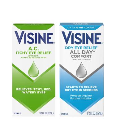 Visine A.C. Itchy Eye Relief Eye Drops for Relief of Red Itchy Watery Eyes & Visine Dry Eye Relief All Day Comfort Lubricant Eye Drops for Relief of Dry Eyes Value Multipack 2 Items 0.5 Fl Oz (Pack of 2)