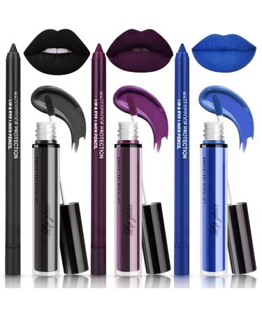 NewBang 3Pcs Dark Black Blue Purple Lipstick and Lipliner Matte Liquid Lipstick Set Black Lip Stain Lip Gloss and Lip Liner Waterproof Longlasting Lip Halloween Christmas Makeup 3 Count (Pack of 1)