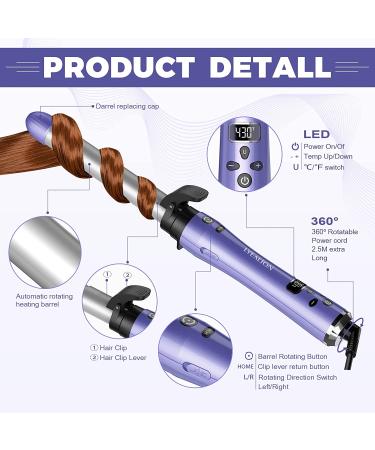 Beach Wave Rotating Hair Curling Iron with 3 Interchangeable Barrels - LCD Display, Fast Heat-up, Ceramic Coating - Purple - Buy Online on GoSupps.com