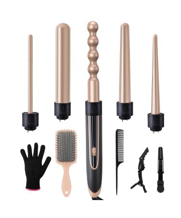 Curling Wand Hair Styling Tools with 5 Interchangeable Curling Iron Set Hair Brush Rollers Portable Travel Crimp Curlers Styler for Women enchinadoras planchas para Cabello 1 inch Ringlet curl