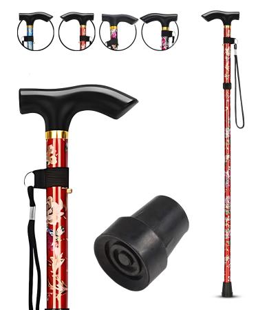 HATAF Walking Stick Folding Walking Sticks for Women Folding Walking Sticks for Men Mobility Aids walking stick rubber ends disability aids folding walking sticks for ladies Red Flowers
