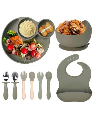 9-piece set silicone baby tableware with suction cup non-slip baby plate BPA free children's cutlery bib bowl spoon green