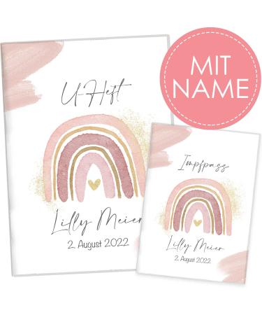 Cozy Racoon U-Book and Vaccination Pass cover with personalization |3- Part Set |High quality shell for your child's examination book and vaccination pass |Water colored pink (with personalization) with personalization water colors pink - Buy Online on GoSupps.com