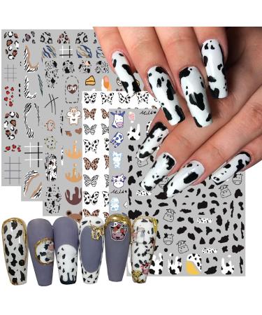 7 Sheets Cartoon Nail Art Stickers Nails Art Supplies 3D Self-Adhesive Nail Decals Holographic Cow Graffiti Butterfly Leopard Print Line Nail Design Sticker for Women Girls Acrylic Nail Art Decoration