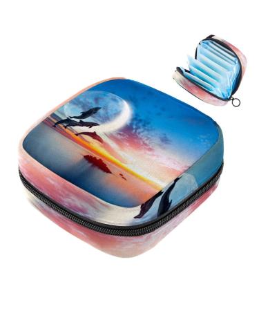 Menstruation pad bag with zipper women's napkin bag tampons collecting bags for women and girls (beautiful dolphin-jumping sea sunset)