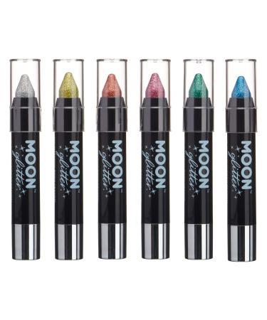 Holographic Glitter Paint Stick/Body Crayon makeup for the Face & Body by Moon Glitter - 0.12oz - Set of 6 colours