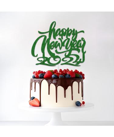 Trimming Shop Green Glitter Cake Topper "Happy New Year 2024" Double Sided Sparkly 2024 Cake Topper for Happy New Year Party Celebrations Hello 2024 Cake Decor Holiday Party Supplies Green Happy New Year 2024