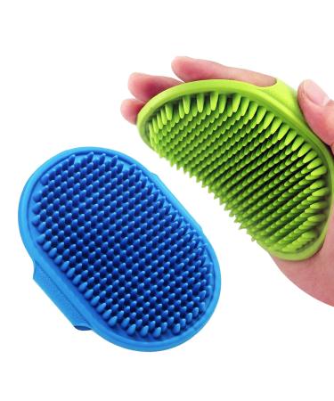 2 PCS Dog Bath Brush Dog Grooming Brush, Lilpep Pet Shampoo Bath Brush Soothing Massage Rubber Comb with Adjustable Ring Handle for Long Short Haired Dogs and Cats pack of 2 Blue+Green
