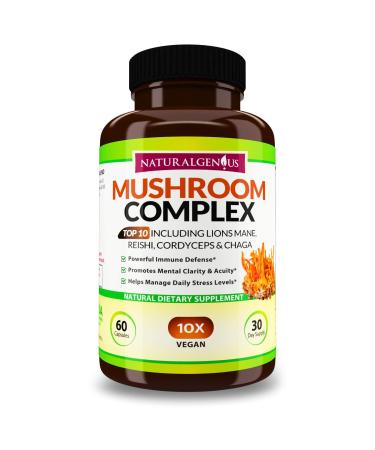 Natural Genius Top 10 Mushroom Extracts - White Button Lions Mane Cordyceps Chaga Reishi Plus - Immune Booster Nootropic