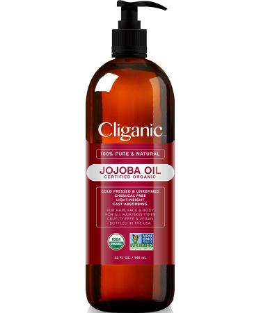 Cliganic Organic Jojoba Oil 32 oz  100% Pure | Bulk  Natural Cold Pressed Unrefined Hexane Free Oil for Hair & Face 32 Fl Oz (Pack of 1)