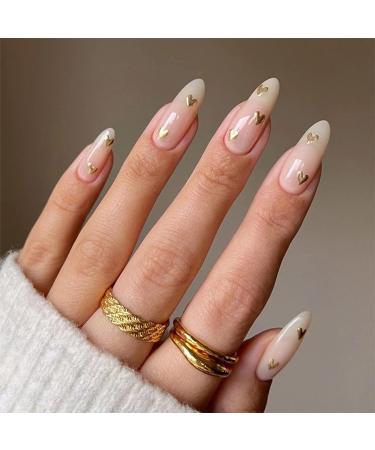 24pcs Almond False Nails Medium Length Stick on Nails Gold Heart Press on Nails Removable Glue-on Nails Fake Nails Acrylic Full Cover Nails Women Girls Nail Art Accessories 0199Y63