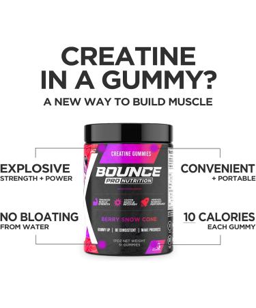 Bounce Pro Creatine Monohydrate Gummies for Men & Women, Low Calorie, 6G of Creatine per Serving, Vegan, Anti-Melting, Gluten-Free, Non-GMO, 2g of Creatine per Gummy (51ct, Berry Snow Cone) Berry Snow Cone 51 Count (Pack of  - Buy Online on GoSupps.com