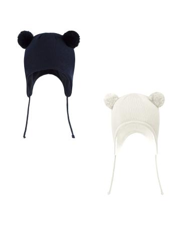 LANGZHEN Toddler Kids Infant Winter Hat Earflap Knit Warm Cap Fleece Lined Beanie for Baby Boys Girls 0-6 Months Classic -White+navy
