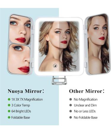 Nuoya LED Lighted Rechargeable Makeup Mirror | 1X/3X/7X Magnification Trifold Vanity Mirror with 64 LED Beads | Touch Screen Dimming & Adjustable Stand | Perfect for Countertop, Travel, Bathroom - Buy Online on GoSupps.com