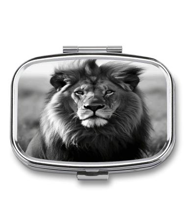 Pill Box African Lion Black and White Print 2 Compartment Medicine Pill Case Pill Organizer Decorative Metal Portable Pill Box for Pocket Or Purse Style