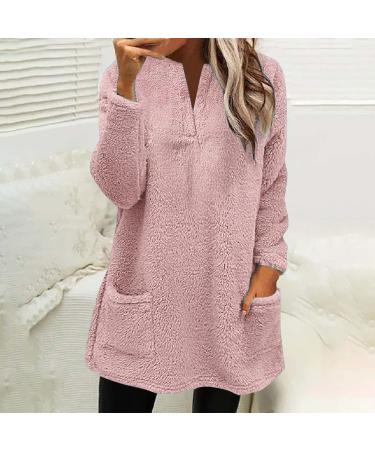 AMhomely Ladies Soft Teddy Fleece Hooded Jumper | Plus Size Double Fleece Hoodies | V Neck Sweatshirts | Winter Lounge Tops - Pink, Size S - Buy Online on GoSupps.com