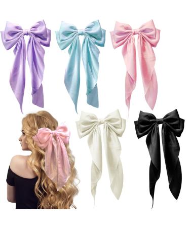 TYXHXTF 5 PCS Bow Hair Clip Hair Bows for Women Big Bowknot Hairpin French Hair Clips Solid Color Hair Barrette Clips Soft Satin Silky Hair Bows for Women Girls