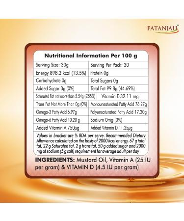 Pata'njali Pure Mustard Oil Natural Kachi Ghani Sarso ka Tel Healthy Cooking Oil for Daily Use - 1L - Buy Online on GoSupps.com