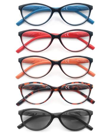 HEEYYOK Reading Glasses Women Stylish Cat-Eye Readers for Women Comfort Spring Hinges Clear Lens with Bag +1.50 5 Mixed Color