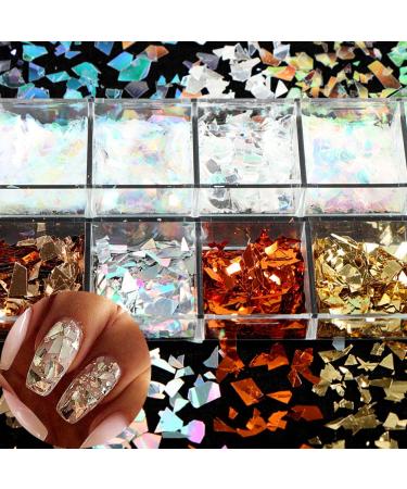 Holographic Nail Glitter Flakes | 12 Grids 3D Irregular Sequins | Shiny Gold & Silver Nail Art Supplies | Vintage Glitter for UV Gel Nails Design - Buy Online on GoSupps.com