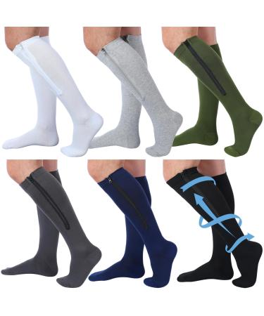 6 Pairs Men Zipper Compression Socks 20-30mmhg Colorful Compression Stockings Knee High Compression Socks with Zipper for Men Women Swelling Edema Running Travel