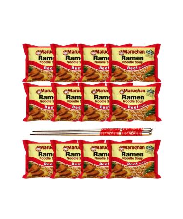 Ja Cor Instant Ramen Noodle Soup 0g Trans Fat Beef Flavor Noodles 3 oz. Bulk Pack Bundle with 1-Set of Reusable Stainless Steel Chopsticks(12 Individual Packs)