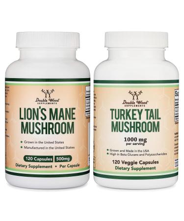 Double Wood Supplements Lion's Mane Mushroom (120 Count) and Turkey Tail Mushroom (120 Count)