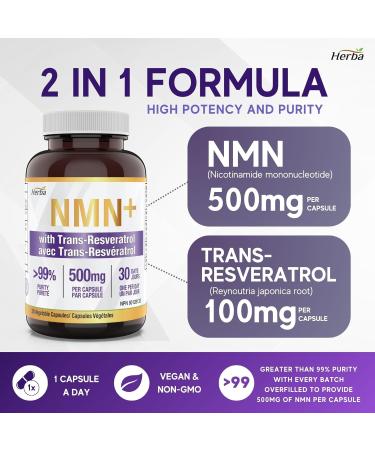 Herba NMN Supplement with Resveratrol 500mg | 99.9% Ultra Purified NMN Capsules | NAD Supplement Made in Canada | NMN Resveratrol Supplement | Nicotinamide Mononucleotide | NAD+ Booster - Buy Online on GoSupps.com
