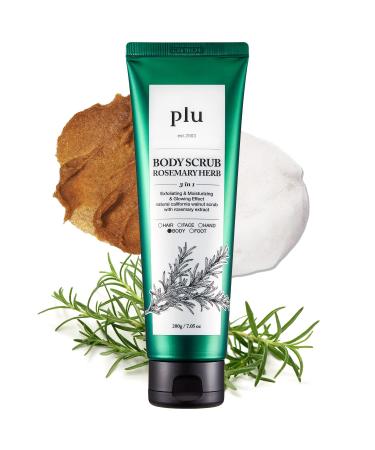 PLU Original Walnut Body Scrub Polish - Rosemary Herb - Exfoliating & Moisturizing & Glow - for Acne Cellulite Stretch Marks Spider Veins - Fresh Chamomile & Rosemary Scent 6.76 oz.