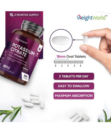 High Strength Potassium Supplement 1460mg with Vitamin C - 3 Months Supply - 180 Vegan Tablets for Muscle Function and Electrolyte Support - Buy Online on GoSupps.com