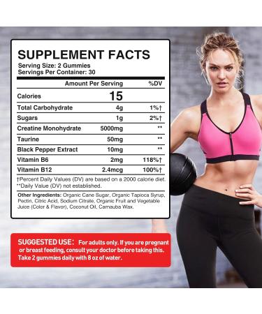 5000mg Creatine Gummies for Women - Vegan Pre-Workout with Taurine & B12 for Maximum Strength Energy & Endurance - 60 Count Berry Flavor - Buy Online on GoSupps.com