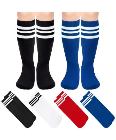 qikqik 4 Pairs Toddler Soccer Socks Kids Soccer Socks for Girls Boys Baseball Socks Toddler Knee High Socks Cotton Tube Socks 3-6 Years Red/White, Blue/White, Black/White, White/Black