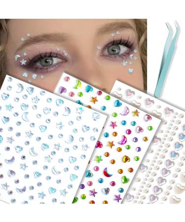 NOOEPC Self Adhesive Face Gems Stickers Hair Gems Face Jewels Eye Jewels Rhinestones Festival Essentials Rave Accessories Rhinestone Stickers for Face Eye Makeup Stickers for Kids Women Stars/Moons/Hearts