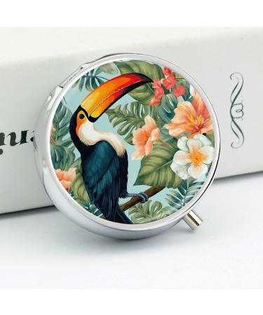Round Pill Box with Tropical Flower Bird Print | 3 Compartment Portable Medicine Organizer | Decorative Metal Pocket Pill Case - Style 28 - Buy Online on GoSupps.com