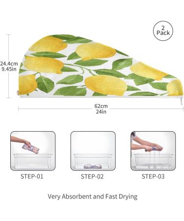 Watercolor Lemons Dry Hair Cap & Quick Drying Towel Set - Super Absorbent Soft Comfortable | 2 Piece Button Headband - Buy Online on GoSupps.com