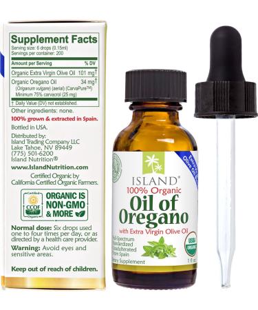 Island Nutrition Oil of Oregano Organic Liquid Drops (1 fl oz) - Blend of Organic Oregano Oil & Olive Oil Grown in Spain - Buy Online on GoSupps.com